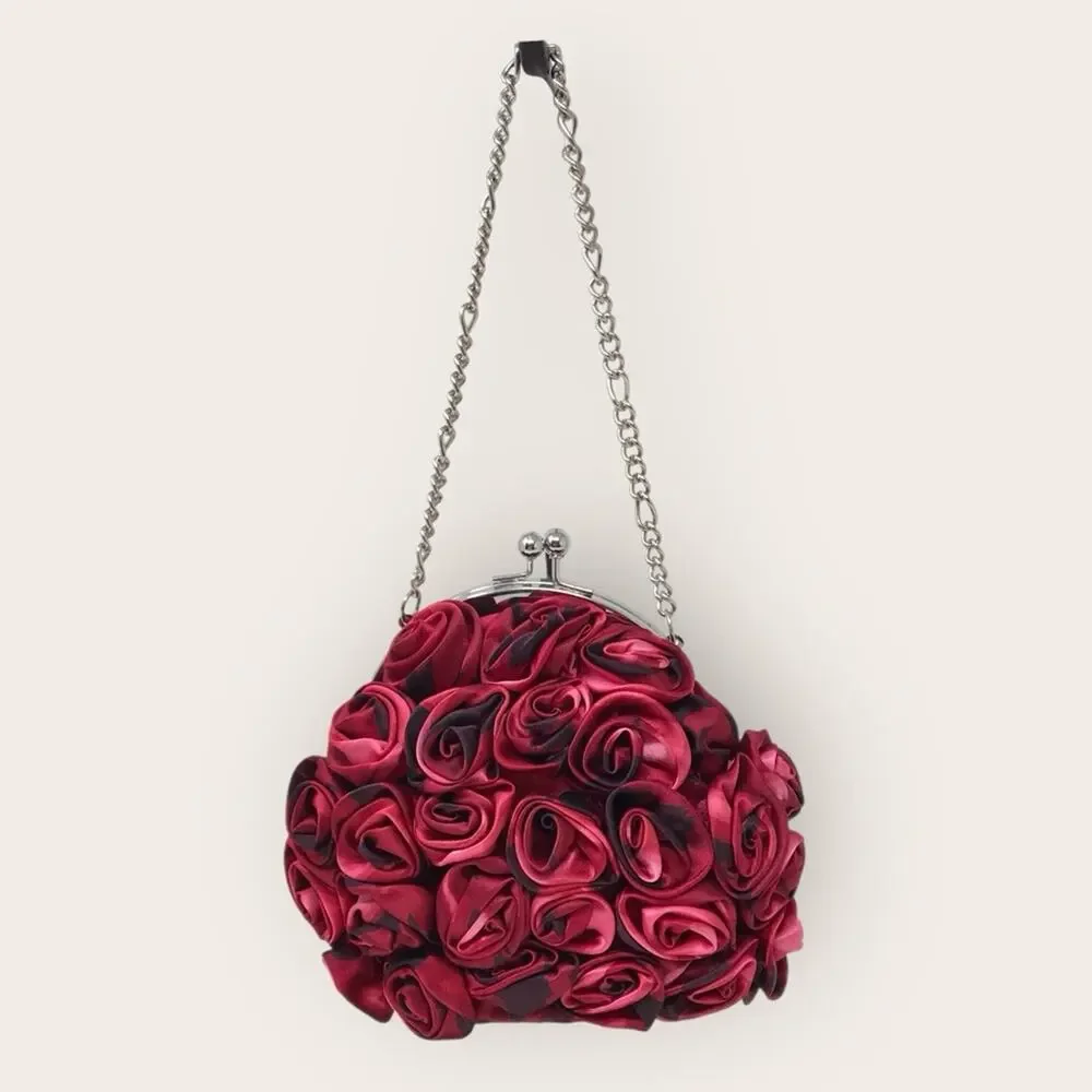 WHBM Rose Embellished Clutch Purse Small Pink & Red Floral Satin Handbag - Picture 9 of 9